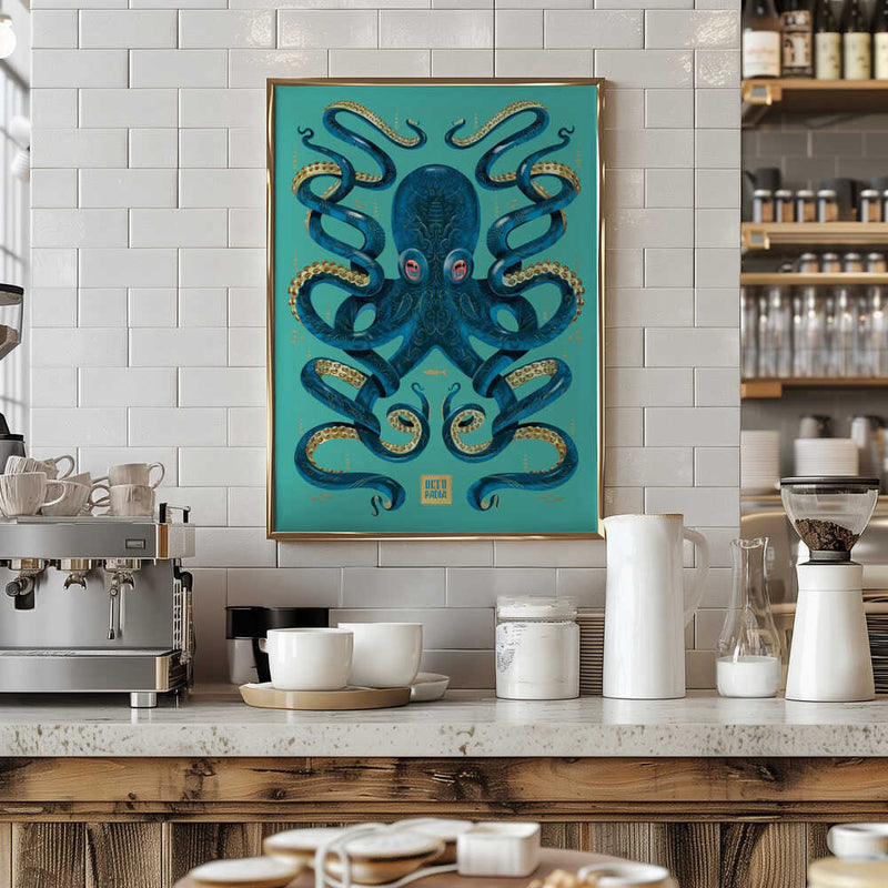 Octopus Blue & Gold - Stretched Canvas, Poster or Fine Art Print