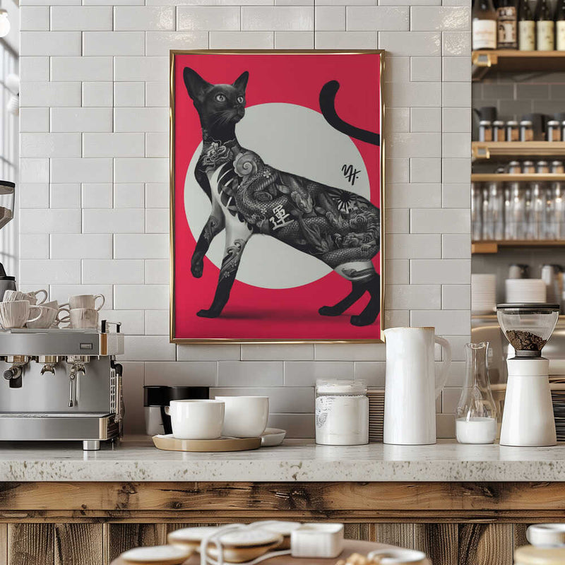 Japanese Cat Tattoo Red - Stretched Canvas, Poster or Fine Art Print