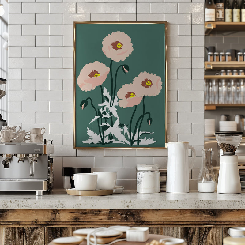 Wild Garden Poppies Green - Stretched Canvas, Poster or Fine Art Print I Heart Wall Art