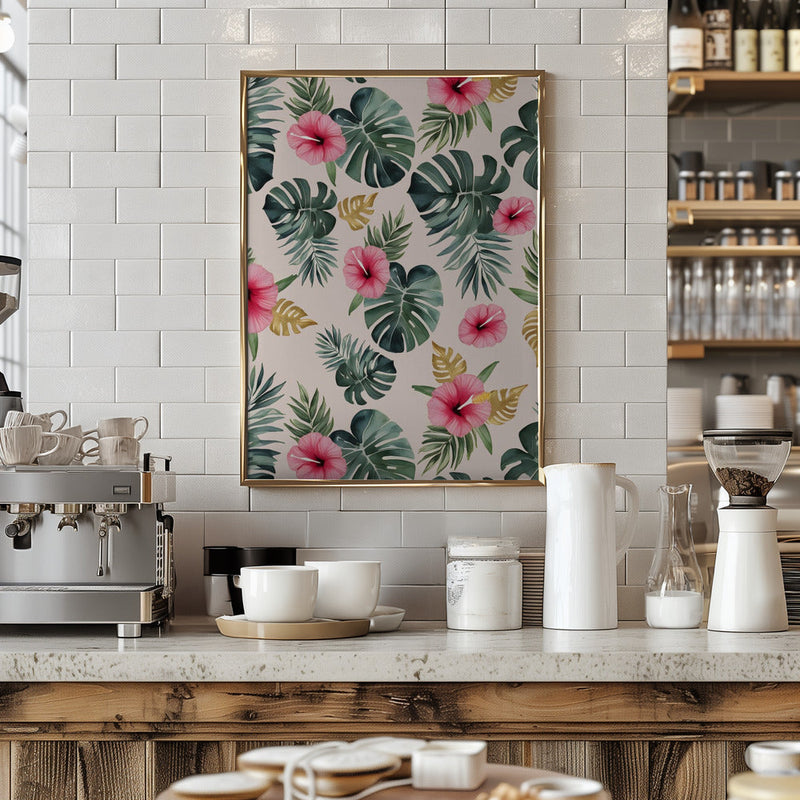 Monstera and Hibiscus Pattern - Stretched Canvas, Poster or Fine Art Print I Heart Wall Art