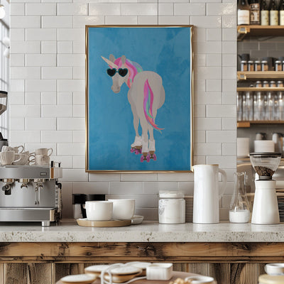 Unicorn rollerskating blue - Stretched Canvas, Poster or Fine Art Print I Heart Wall Art