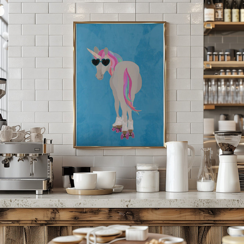 Unicorn rollerskating blue - Stretched Canvas, Poster or Fine Art Print I Heart Wall Art