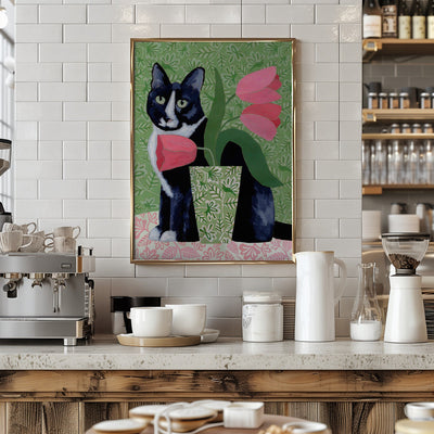 Barry With Pink Tulips And Pattern - Stretched Canvas, Poster or Fine Art Print I Heart Wall Art