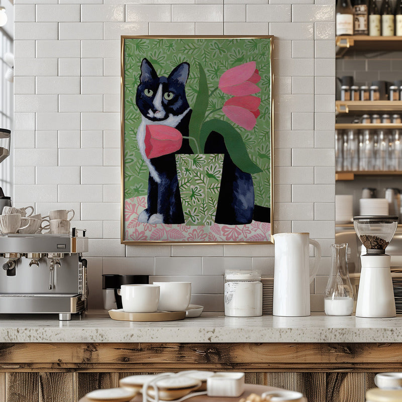 Barry With Pink Tulips And Pattern - Stretched Canvas, Poster or Fine Art Print I Heart Wall Art