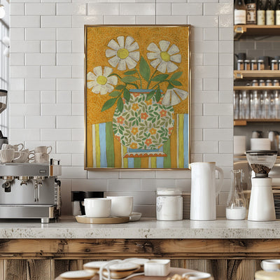 White Daisies In A Patterned Vase - Stretched Canvas, Poster or Fine Art Print I Heart Wall Art