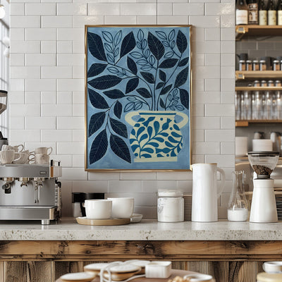 Stylized Blue Leaves In A Decorative Vase - Stretched Canvas, Poster or Fine Art Print I Heart Wall Art