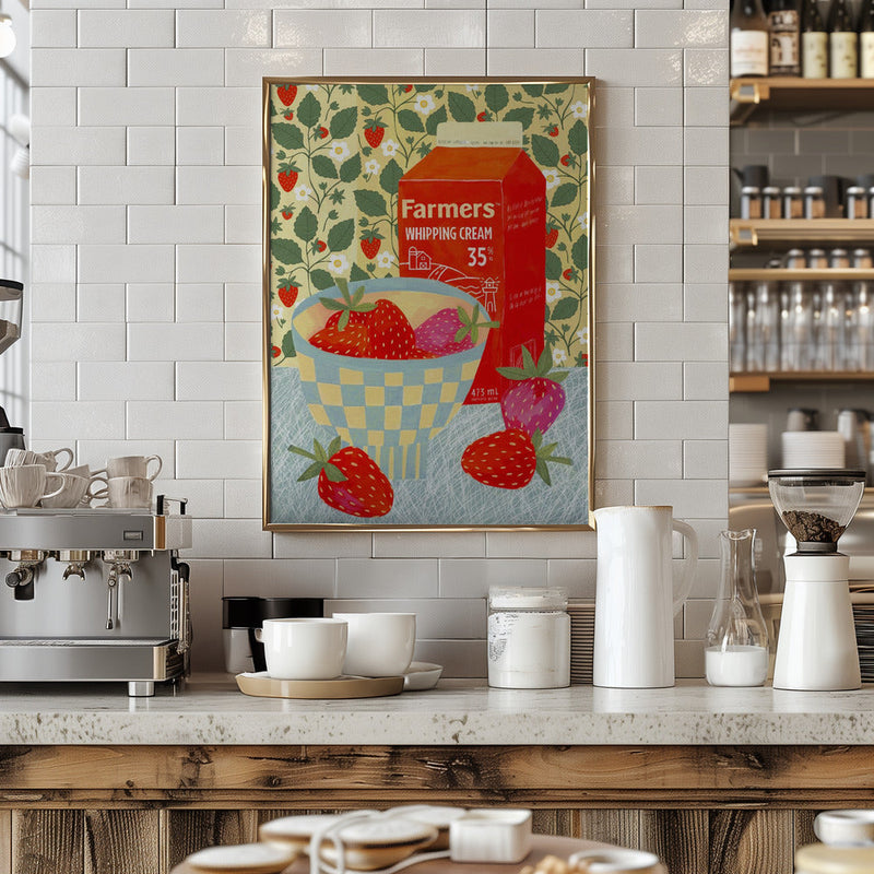 Strawberries In A Checkered Bowl - Stretched Canvas, Poster or Fine Art Print I Heart Wall Art