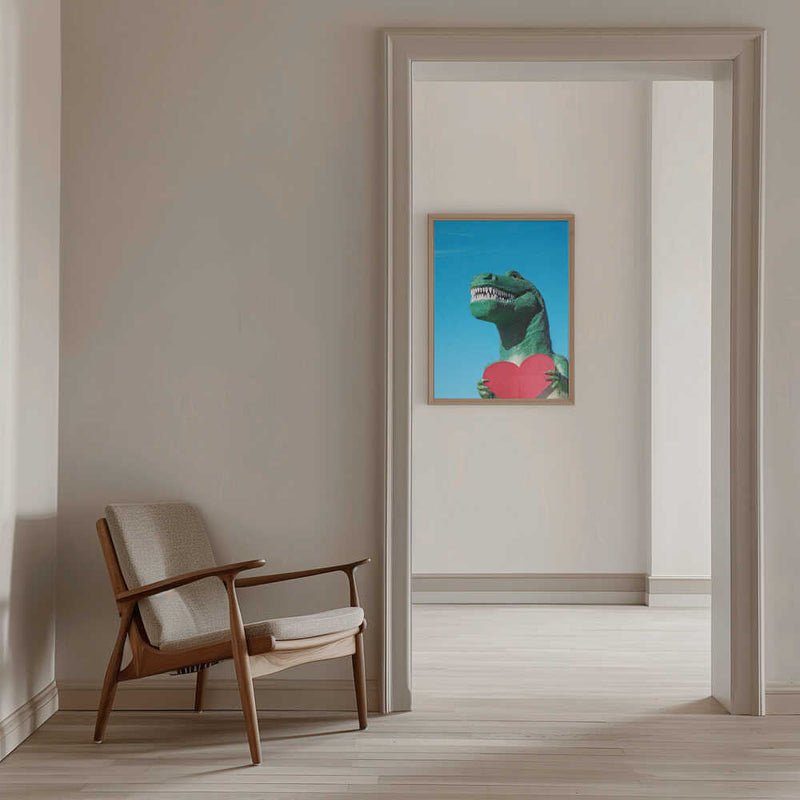 Tyrannosaurus Rex with a Red Paper Heart - Stretched Canvas, Poster or Fine Art Print I Heart Wall Art