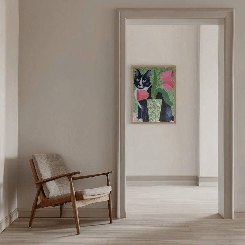 Barry With Pink Tulips And Pattern - Stretched Canvas, Poster or Fine Art Print I Heart Wall Art