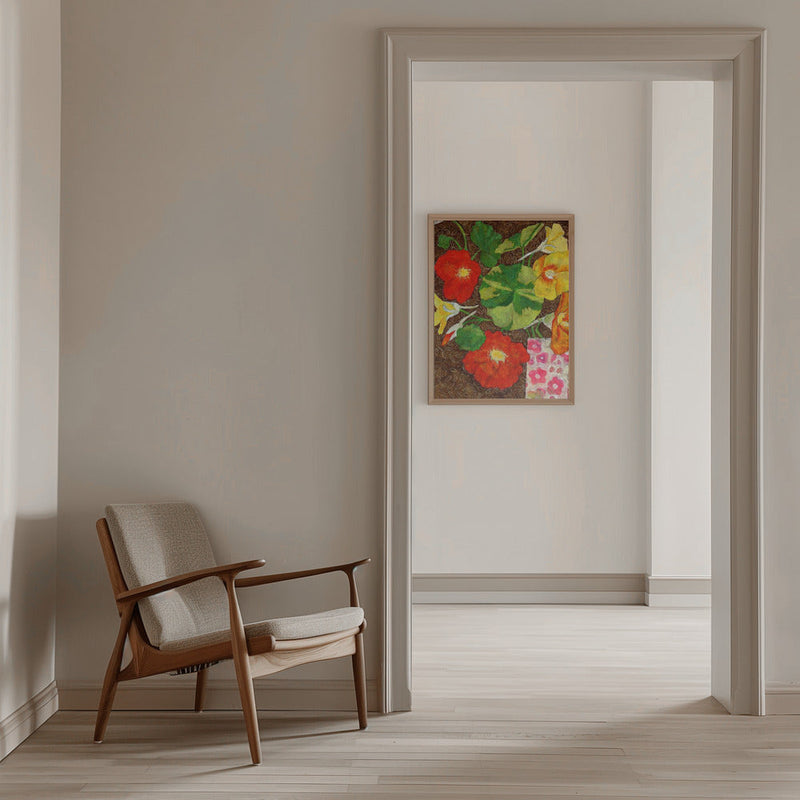 Vibrant Nasturtiums And Leaves In A Patterned Vase - Stretched Canvas, Poster or Fine Art Print I Heart Wall Art