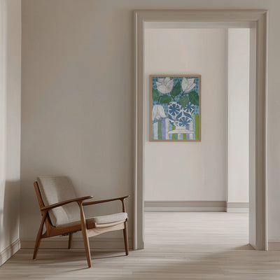 White Flowers In A Patterned Vase - Stretched Canvas, Poster or Fine Art Print I Heart Wall Art