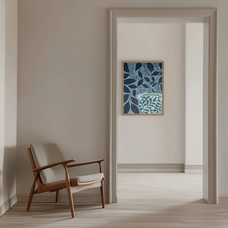 Stylized Blue Leaves In A Decorative Vase - Stretched Canvas, Poster or Fine Art Print I Heart Wall Art