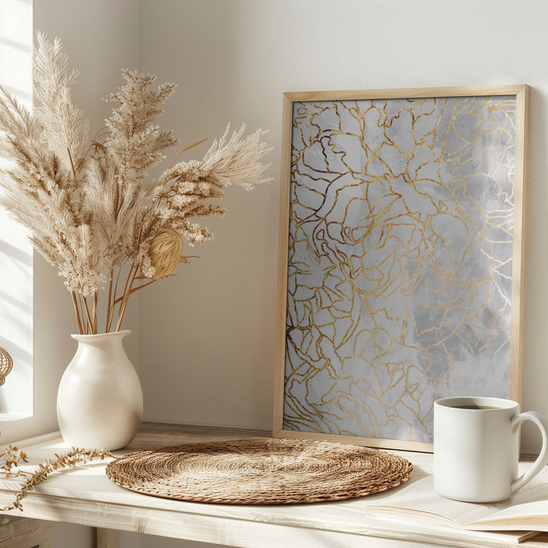 Abstract gold peonies line art concrete - Stretched Canvas, Poster or Fine Art Print I Heart Wall Art