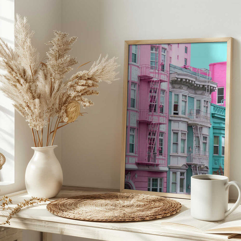 Pink and Blue Row Houses in San Francisco - Stretched Canvas, Poster or Fine Art Print I Heart Wall Art