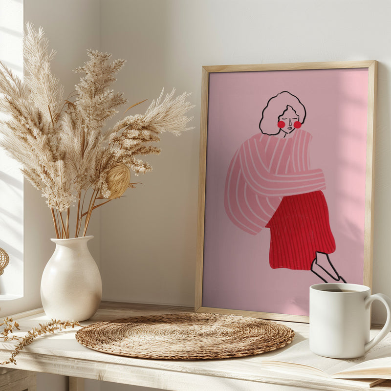 Pink and Red Line Lady - Stretched Canvas, Poster or Fine Art Print I Heart Wall Art