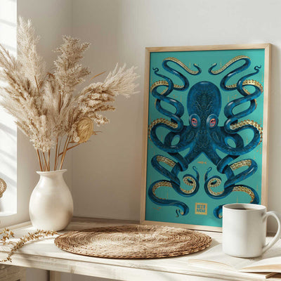 Octopus Blue & Gold - Stretched Canvas, Poster or Fine Art Print