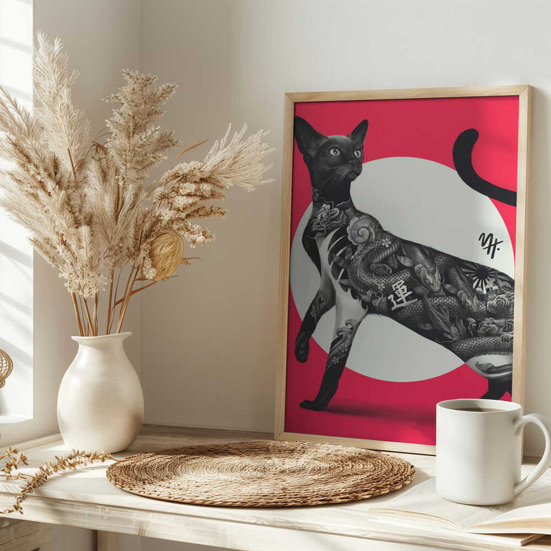 Japanese Cat Tattoo Red - Stretched Canvas, Poster or Fine Art Print