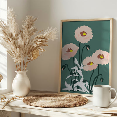 Wild Garden Poppies Green - Stretched Canvas, Poster or Fine Art Print I Heart Wall Art