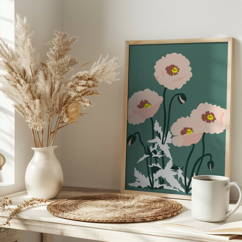 Wild Garden Poppies Green - Stretched Canvas, Poster or Fine Art Print I Heart Wall Art