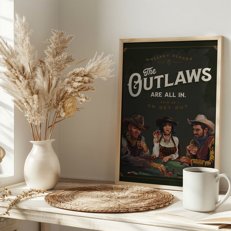 Outlaws Are All In Cool Cowboy Poker Art - Stretched Canvas, Poster or Fine Art Print I Heart Wall Art