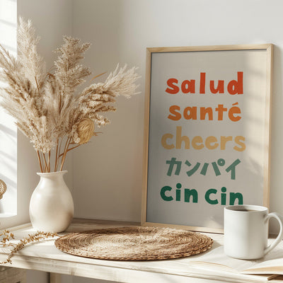 Cheers Typography - Salud Santé Cheers Kanpai Cin cin - Stretched Canvas, Poster or Fine Art Print I Heart Wall Art