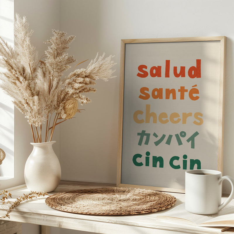 Cheers Typography - Salud Santé Cheers Kanpai Cin cin - Stretched Canvas, Poster or Fine Art Print I Heart Wall Art