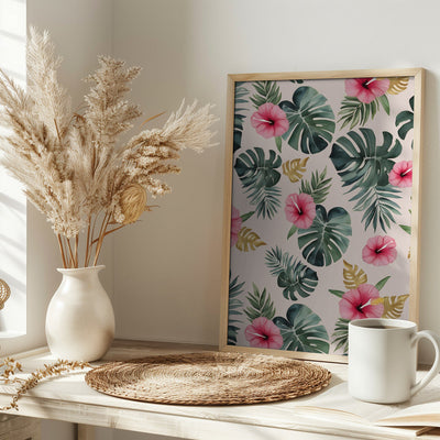 Monstera and Hibiscus Pattern - Stretched Canvas, Poster or Fine Art Print I Heart Wall Art