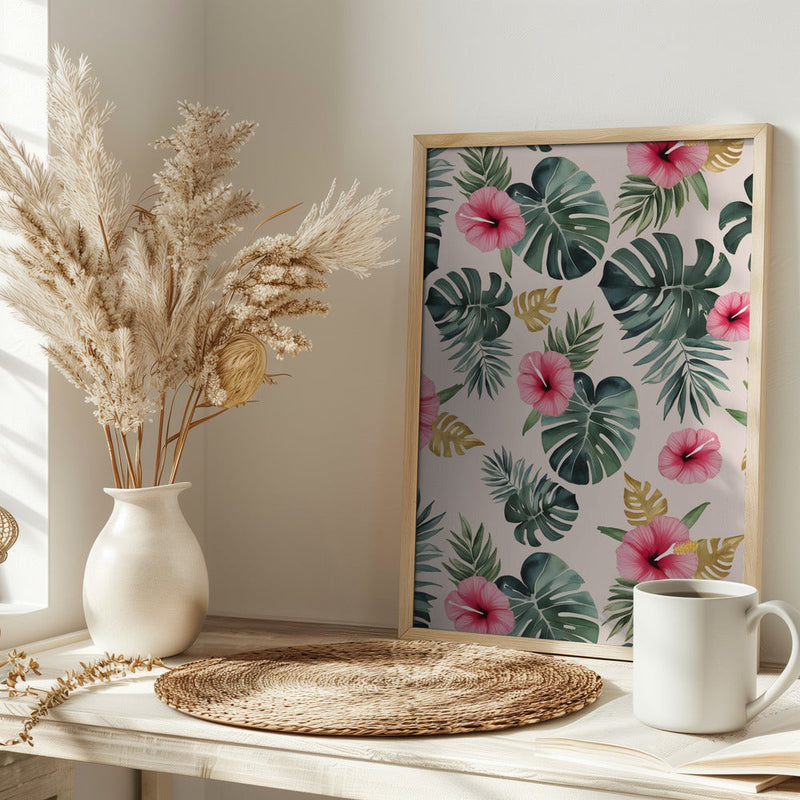 Monstera and Hibiscus Pattern - Stretched Canvas, Poster or Fine Art Print I Heart Wall Art