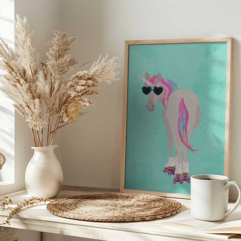 Unicorn roolerskating teal - Stretched Canvas, Poster or Fine Art Print I Heart Wall Art
