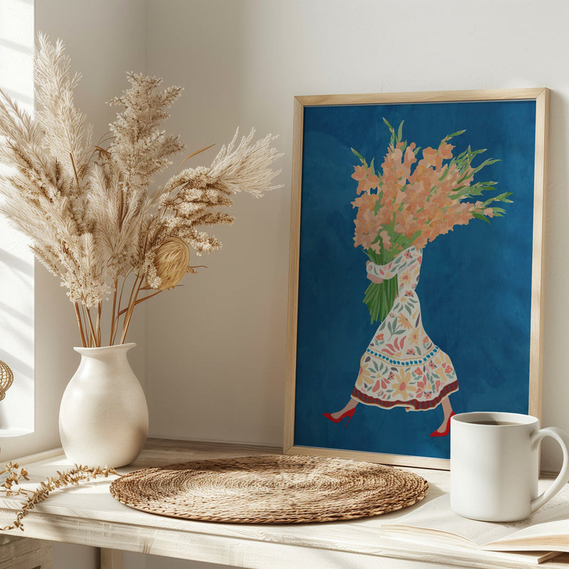 Boho Floral Dress Blue - Stretched Canvas, Poster or Fine Art Print I Heart Wall Art