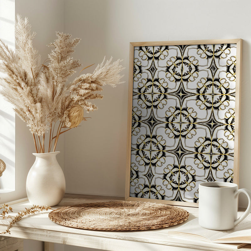Geometric Pattern with Intricate Black and White Floral Motifs - Stretched Canvas, Poster or Fine Art Print I Heart Wall Art