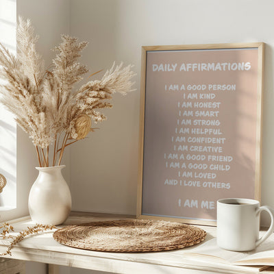 Daily Affirmations Beige - Stretched Canvas, Poster or Fine Art Print I Heart Wall Art
