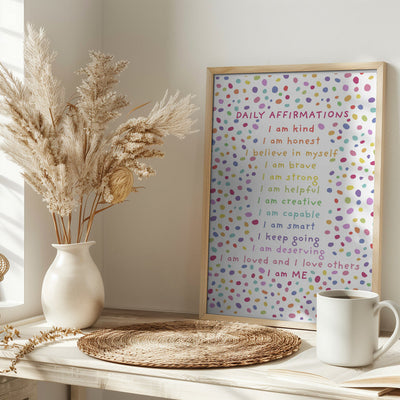 Daily Affirmations Polkadots - Stretched Canvas, Poster or Fine Art Print I Heart Wall Art