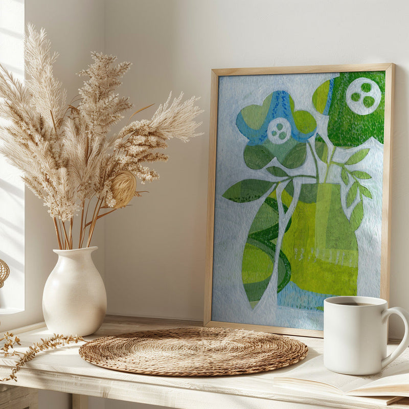 Abstract Daisy Green Blue - Stretched Canvas, Poster or Fine Art Print I Heart Wall Art