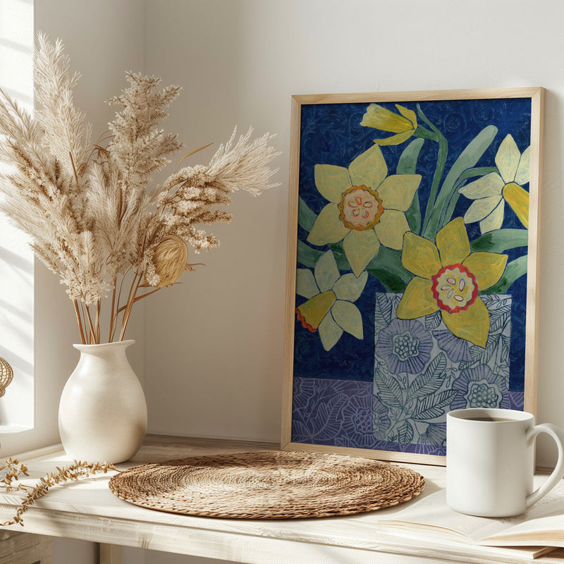 Daffodils In A Patterned Vase - Stretched Canvas, Poster or Fine Art Print I Heart Wall Art