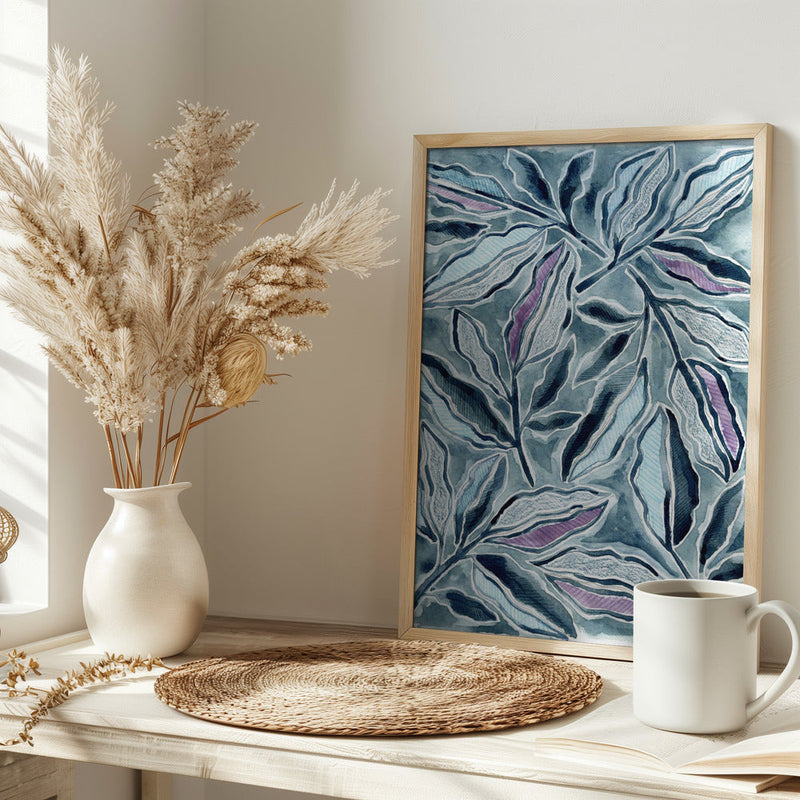 Blue &amp; Lavender Leaves - Stretched Canvas, Poster or Fine Art Print I Heart Wall Art