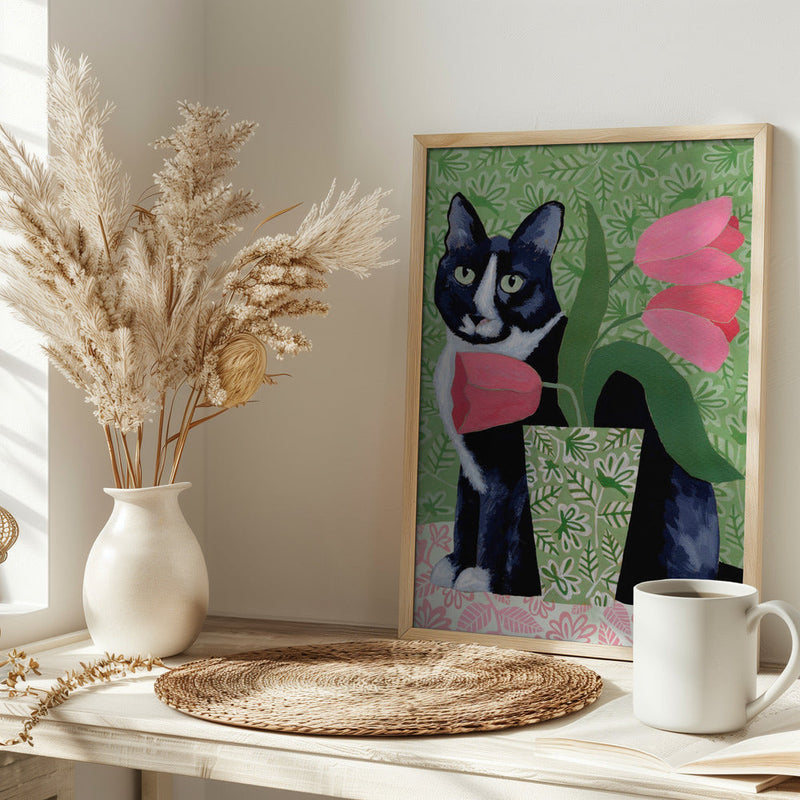 Barry With Pink Tulips And Pattern - Stretched Canvas, Poster or Fine Art Print I Heart Wall Art