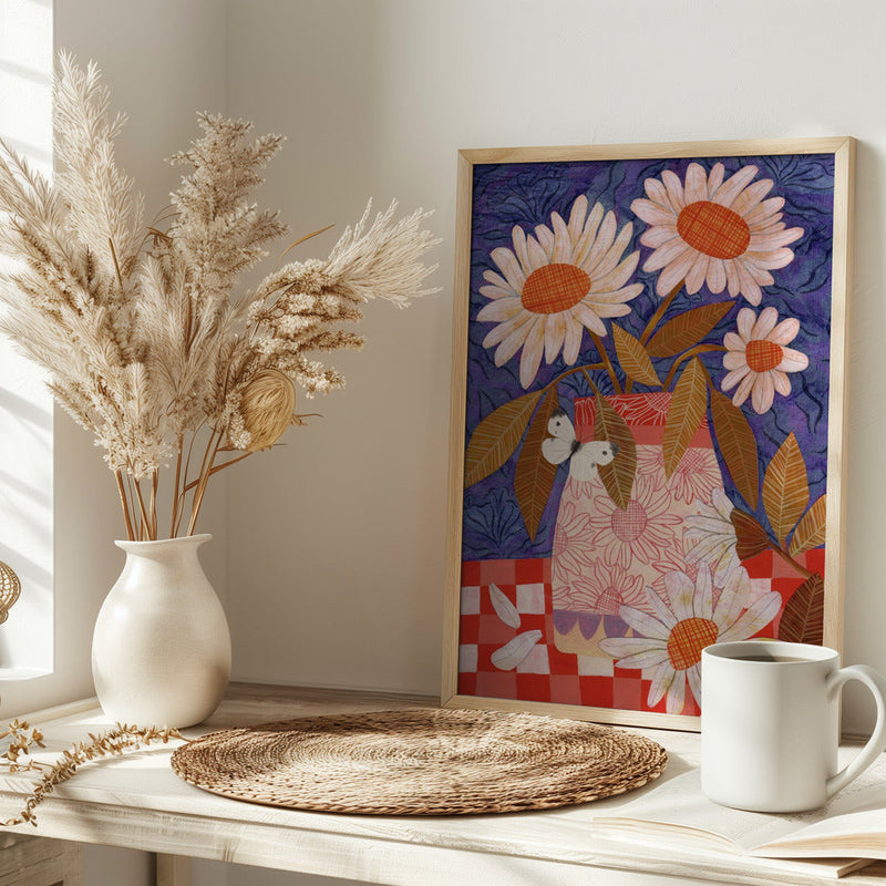 Daisies In A Patterned Vase - Stretched Canvas, Poster or Fine Art Print I Heart Wall Art