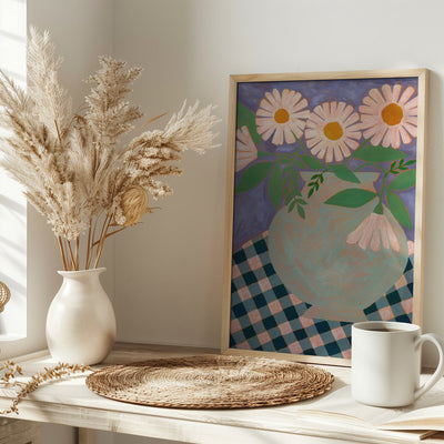 Daisies In An Aqua Blue Vase - Stretched Canvas, Poster or Fine Art Print I Heart Wall Art