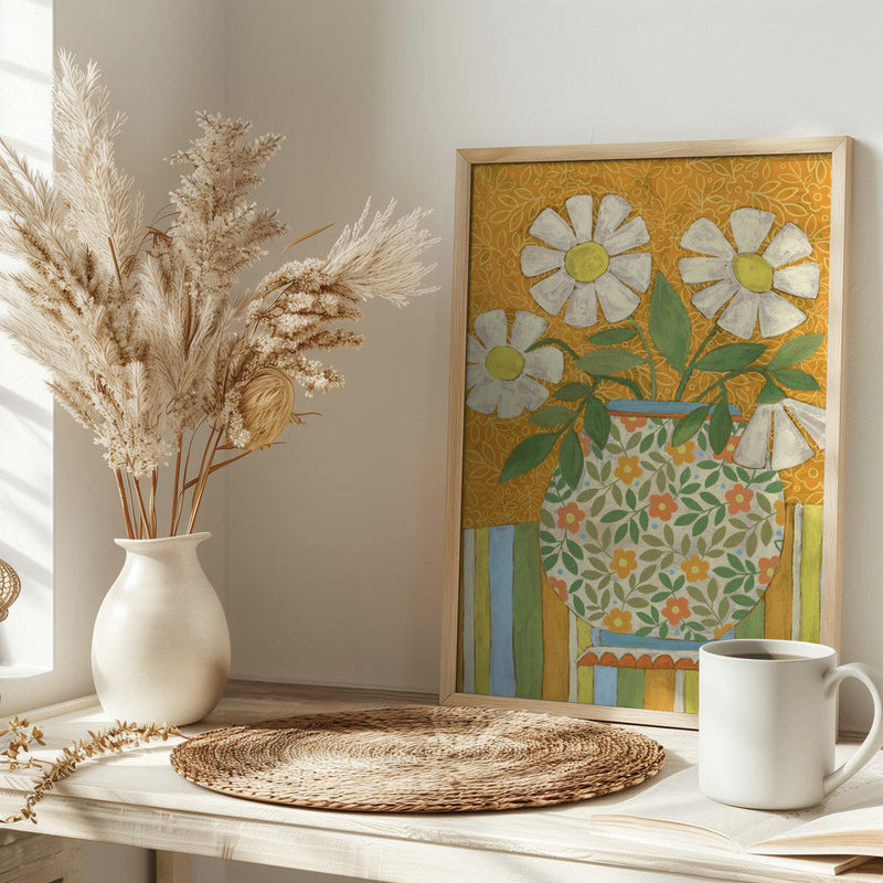White Daisies In A Patterned Vase - Stretched Canvas, Poster or Fine Art Print I Heart Wall Art