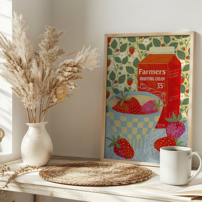 Strawberries In A Checkered Bowl - Stretched Canvas, Poster or Fine Art Print I Heart Wall Art