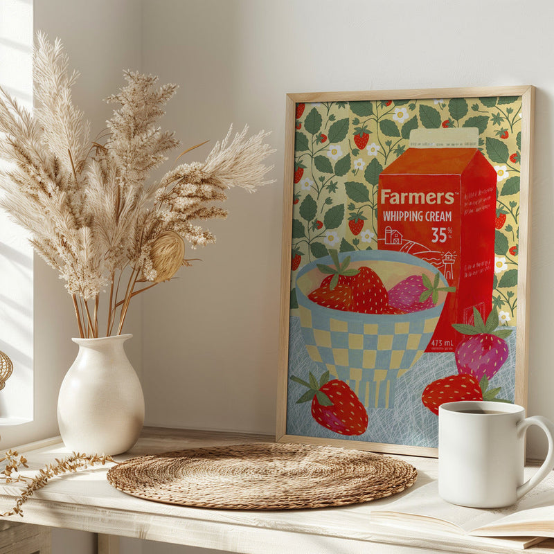 Strawberries In A Checkered Bowl - Stretched Canvas, Poster or Fine Art Print I Heart Wall Art