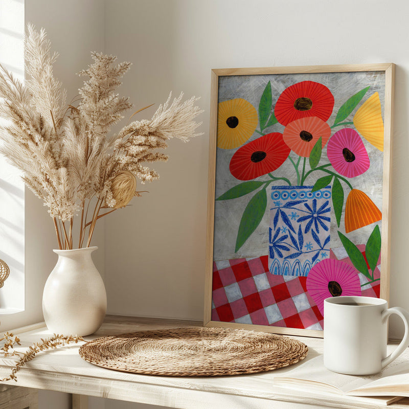 Poppies In A Patterned Vase - Stretched Canvas, Poster or Fine Art Print I Heart Wall Art