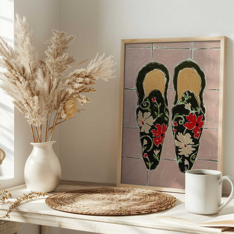 Black Shoes On Pink Tiles - Stretched Canvas, Poster or Fine Art Print