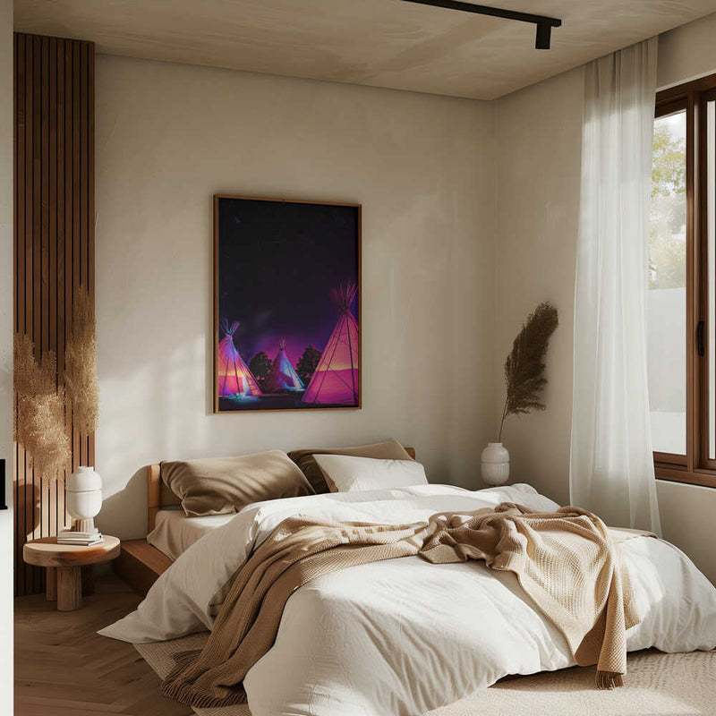 Vaporwave Teepees Glowing at Night Under Stars In Marfa Texas - Stretched Canvas, Poster or Fine Art Print I Heart Wall Art