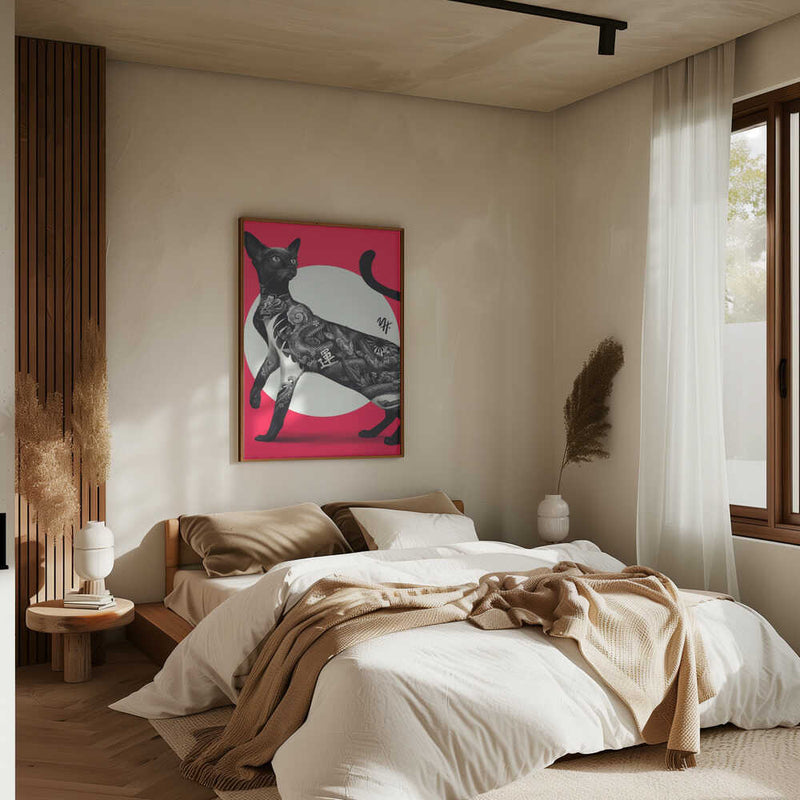 Japanese Cat Tattoo Red - Stretched Canvas, Poster or Fine Art Print