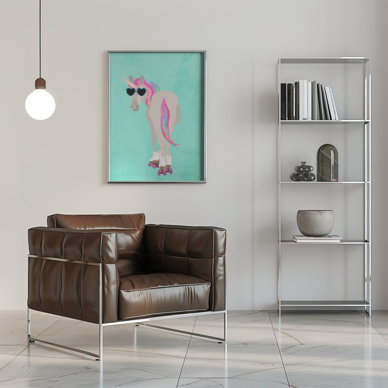 Unicorn roolerskating teal - Stretched Canvas, Poster or Fine Art Print I Heart Wall Art