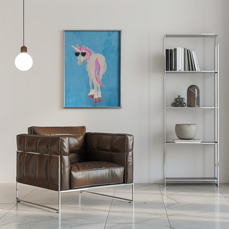 Unicorn rollerskating blue - Stretched Canvas, Poster or Fine Art Print I Heart Wall Art