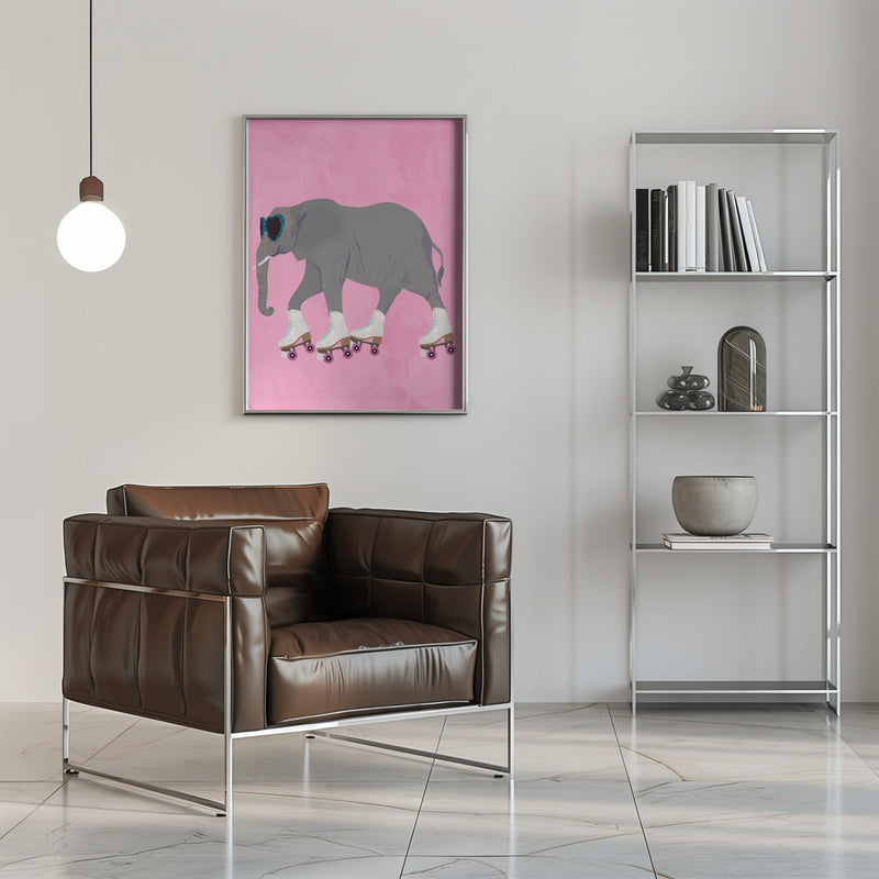 Elephant rollerskating pink - Stretched Canvas, Poster or Fine Art Print I Heart Wall Art