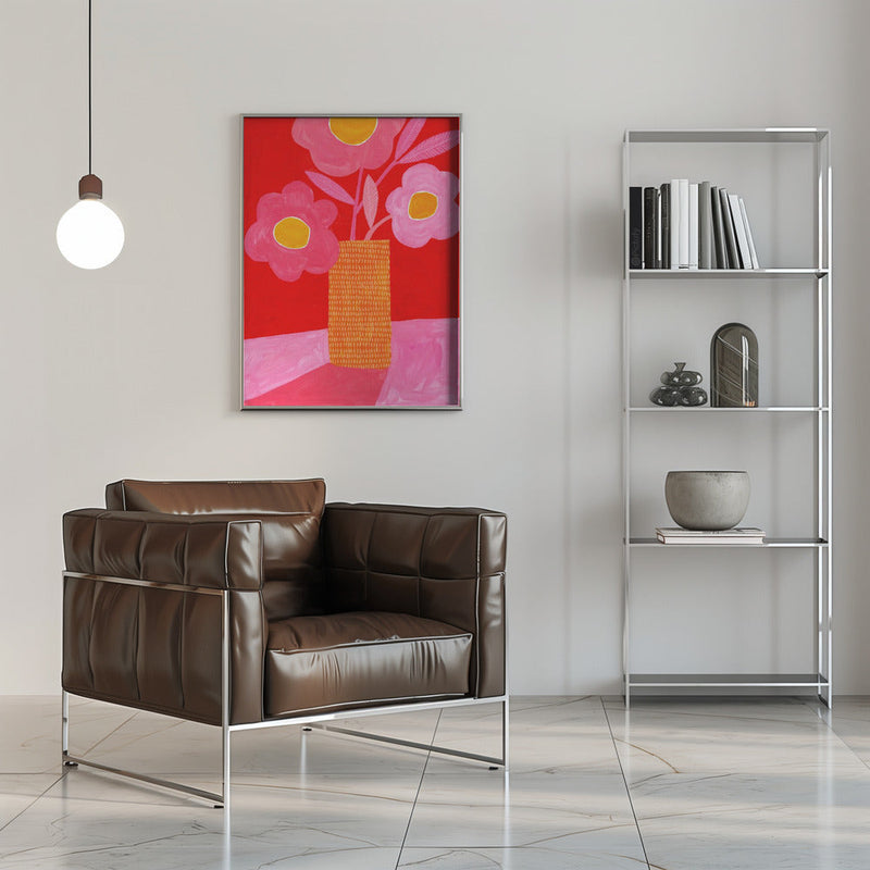 Modern Daisy Pink &amp; Red - Stretched Canvas, Poster or Fine Art Print I Heart Wall Art